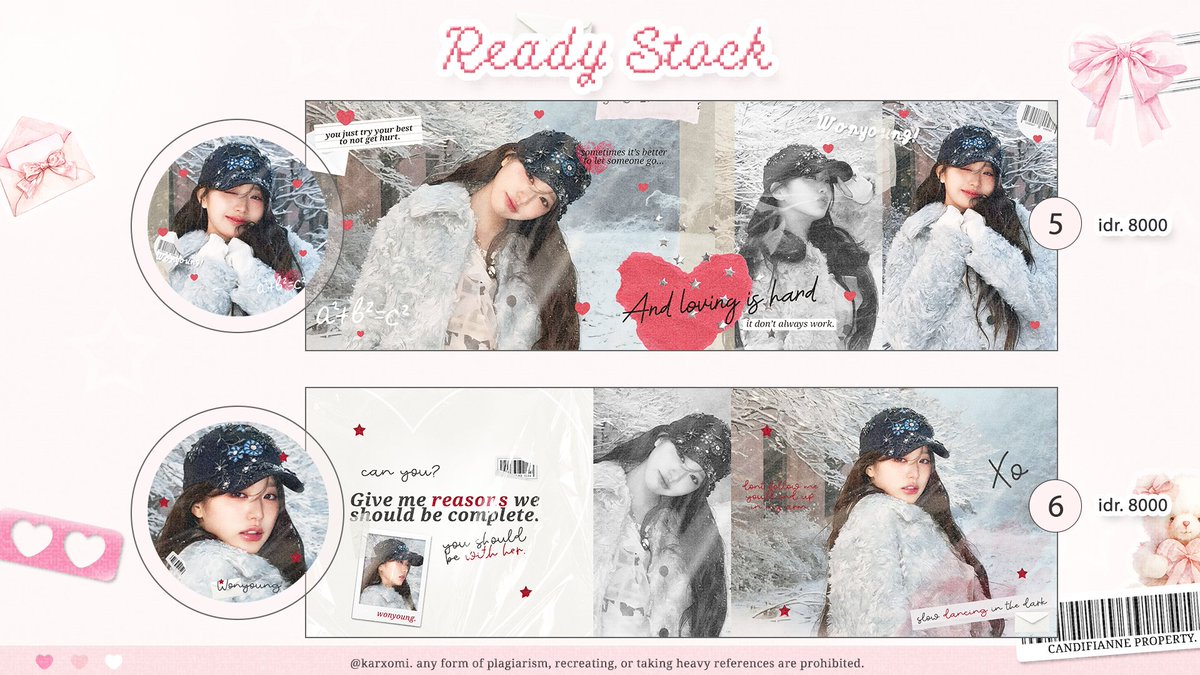 karxomi's tweet image. help repost 😺🫶

halooo ada layout ready stock wonyoung .. pricinya di pict yah free retext — met jajank 🍃

#zonaba #zonauang