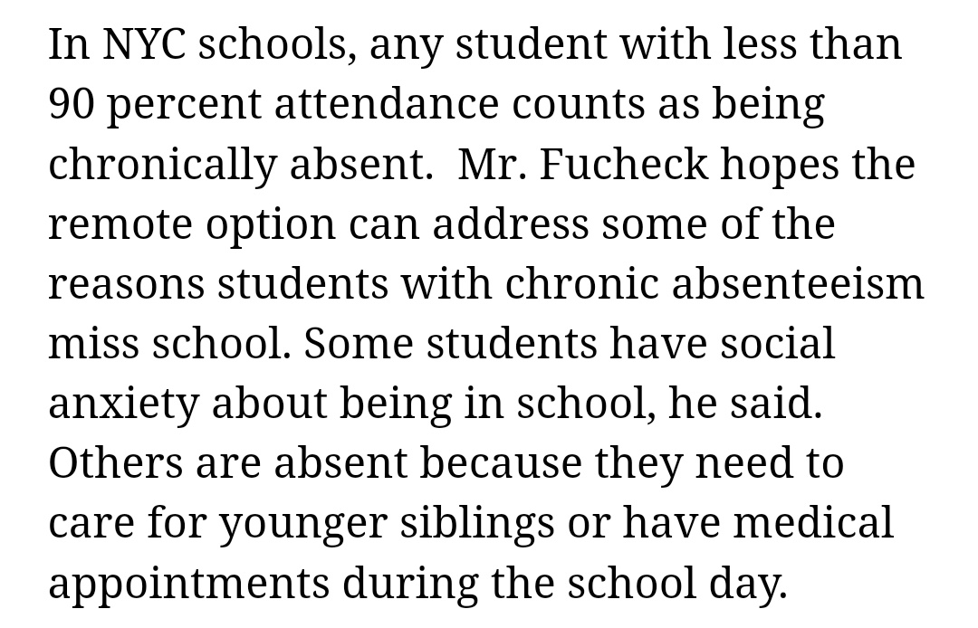 A NYC HS has found an ingenious way to solve its problem with chronic student absenteeism &amp; teacher retention: just allow the students &amp; teachers to show up less. From now on, the students will be allowed to "learn remotely" (i.e., not show up to school) on Fridays. 1/