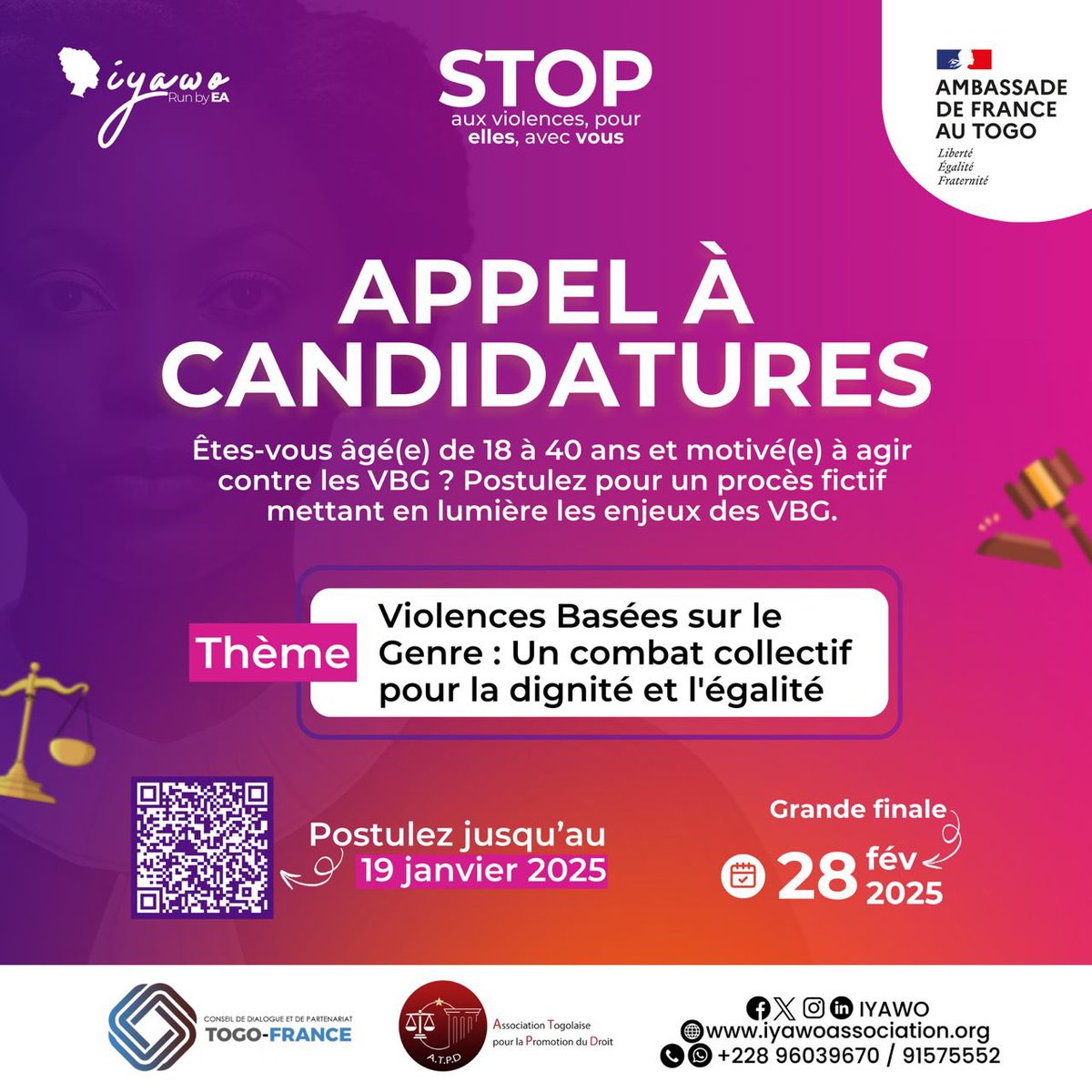 📣APPEL À CANDIDATURE !!! 

Violences Basées sur le Genre : un combat collectif pour la dignité et l'égalité.
 
Postule via ce lien : 

🔗lnkd.in/dyfZsFx7

⚠️Date limite : 19 Janvier 2025

iyawoassociation.org
#Stopauxviolences 
#PourEllesAvecVous