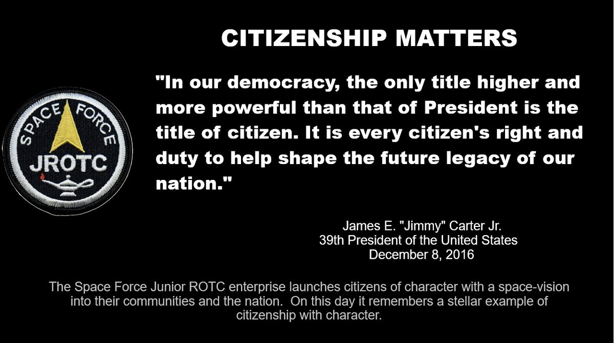 Space Force JROTC (@sfjrotc) on Twitter photo The entire enterprise of 10 units of Space Force JROTC honors a life of service to the nation and the world. The late 39th POTUS is a stellar role model of citizenship with character, the mission of #SFJROTC. The units are managed by <a href="/HQ_AFJROTC/">Air Force Junior ROTC</a> with <a href="/USSF_STARCOM/">Space Training and Readiness Command (STARCOM)</a> DEL13, Det2. The entire enterprise of 10 units of Space Force JROTC honors a life of service to the nation and the world. The late 39th POTUS is a stellar role model of citizenship with character, the mission of #SFJROTC. The units are managed by <a href="/HQ_AFJROTC/">Air Force Junior ROTC</a> with <a href="/USSF_STARCOM/">Space Training and Readiness Command (STARCOM)</a> DEL13, Det2.