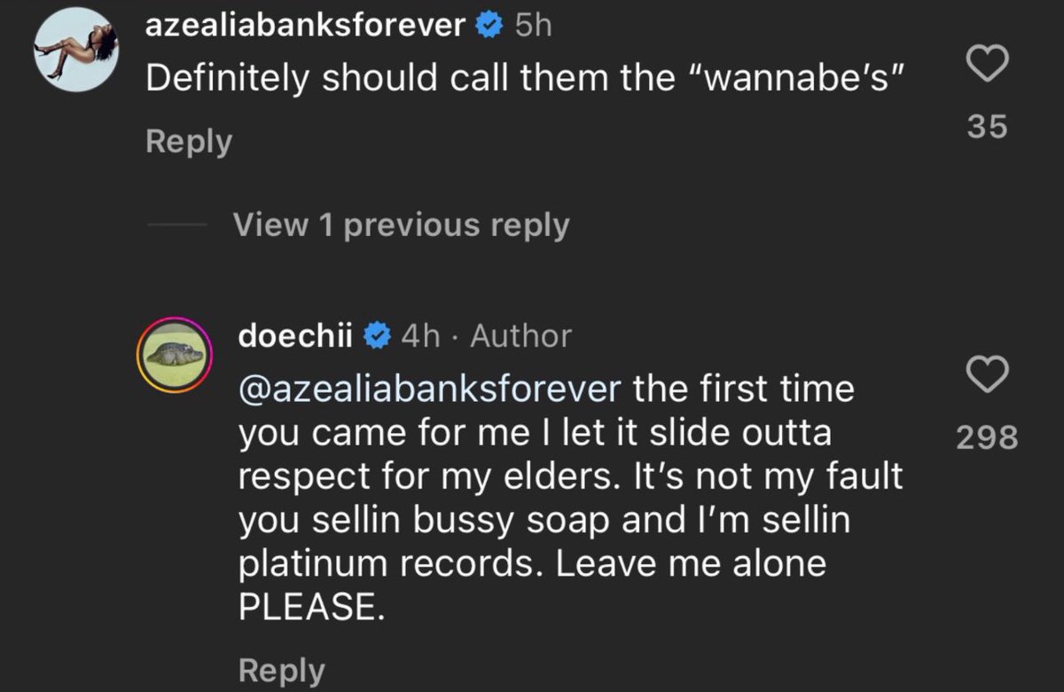 On April 2024 (Azealia apparently loves to have a messy April), AB commented on Doechii’ profile where she asked what she should name her fans and Doechii clapped back