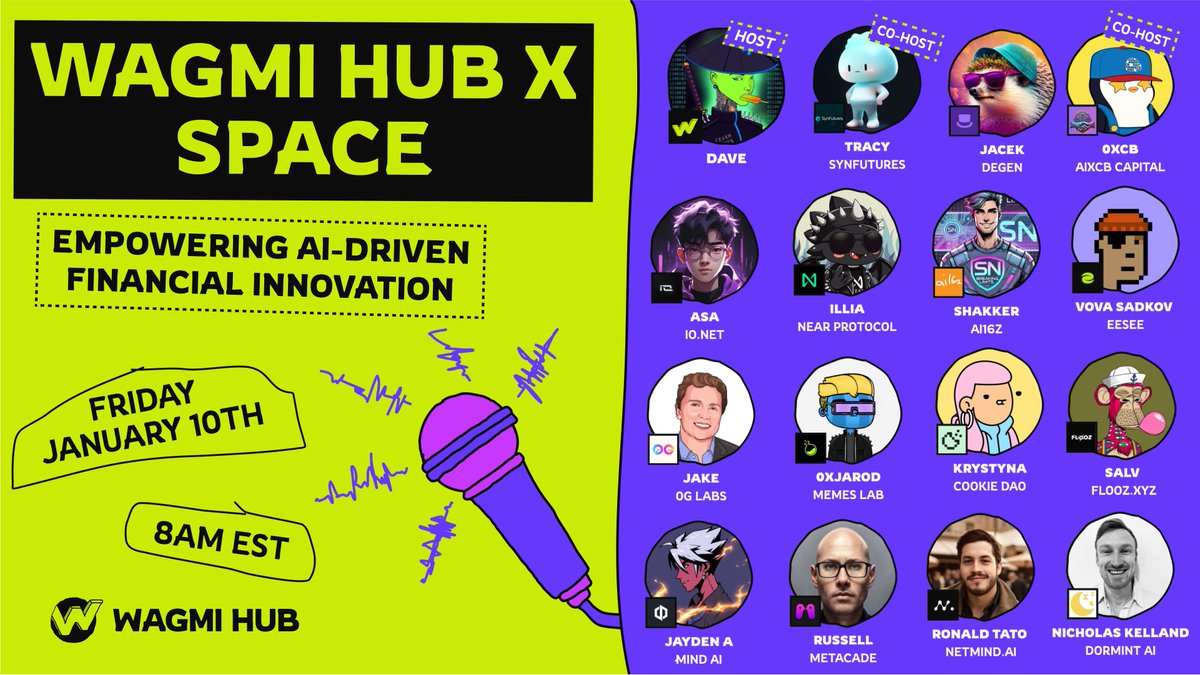 WAGMI HUB (@wagmihub) on Twitter photo ๐Empowering AI-Driven Financial Innovation!
๐ Date: Friday, January 10, 2025
โฑ Time: 8 AM EST
๐ Link: x.com/i/spaces/1OyKAโฆ
๐ Guest List:
1. <a href="/aixCB_Vc/">aixcb</a>
2. <a href="/SynFuturesDefi/">SynFutures</a>
3. <a href="/shakkernerd/">ShakkerNerd</a> from <a href="/ai16zdao/">ai16zdao</a>
4. <a href="/degentokenbase/">Degen ๐ฉ</a>
5. <a href="/cookiedotfun/">Cookie DAO ๐ช</a>
6. <a href="/AethirCloud/">Aethir</a>
7. <a href="/ionet/">io.net</a> ๐Empowering AI-Driven Financial Innovation!
๐ Date: Friday, January 10, 2025
โฑ Time: 8 AM EST
๐ Link: x.com/i/spaces/1OyKAโฆ
๐ Guest List:
1. <a href="/aixCB_Vc/">aixcb</a>
2. <a href="/SynFuturesDefi/">SynFutures</a>
3. <a href="/shakkernerd/">ShakkerNerd</a> from <a href="/ai16zdao/">ai16zdao</a>
4. <a href="/degentokenbase/">Degen ๐ฉ</a>
5. <a href="/cookiedotfun/">Cookie DAO ๐ช</a>
6. <a href="/AethirCloud/">Aethir</a>
7. <a href="/ionet/">io.net</a>