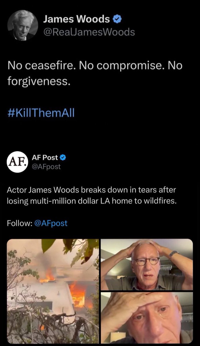 MiddleEastaf's tweet image. Dear @RealJamesWoods 
It seems that the fire gona #KillThemAll 
Now we have to say is “ No ceasefire “ 
While you Cry like a kid on CNN
#lafires #BeverlyHills
