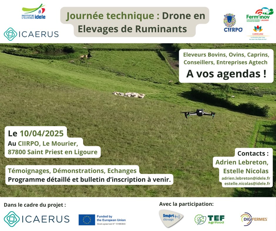🚀 Les #drones au service de l'#Elevage 

📅 10 avril 2025
📍 CIIRPO, 

Témoignages, démonstrations IA + drones, guide pratique… Découvrez comment cette technologie peut révolutionner vos élevages.

👉 Infos &amp; inscription bientôt disponibles !
<a href="/icaeruseu/">ICAERUS</a>