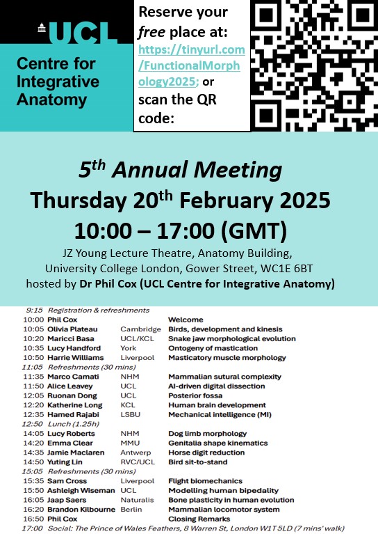 Our 2025 annual #symposium on functional #morphology is now open to FREE registration - apply now to secure your place.  More details at: tinyurl.com/FunctionalMorp…
<a href="/ucl/">UCL</a> <a href="/UCLLifeSciences/">UCL Faculty of Life Sciences</a> #anatomy #biology #formandfunction #ecrinerim <a href="/uclbiosciences/">UCL Biosciences</a>