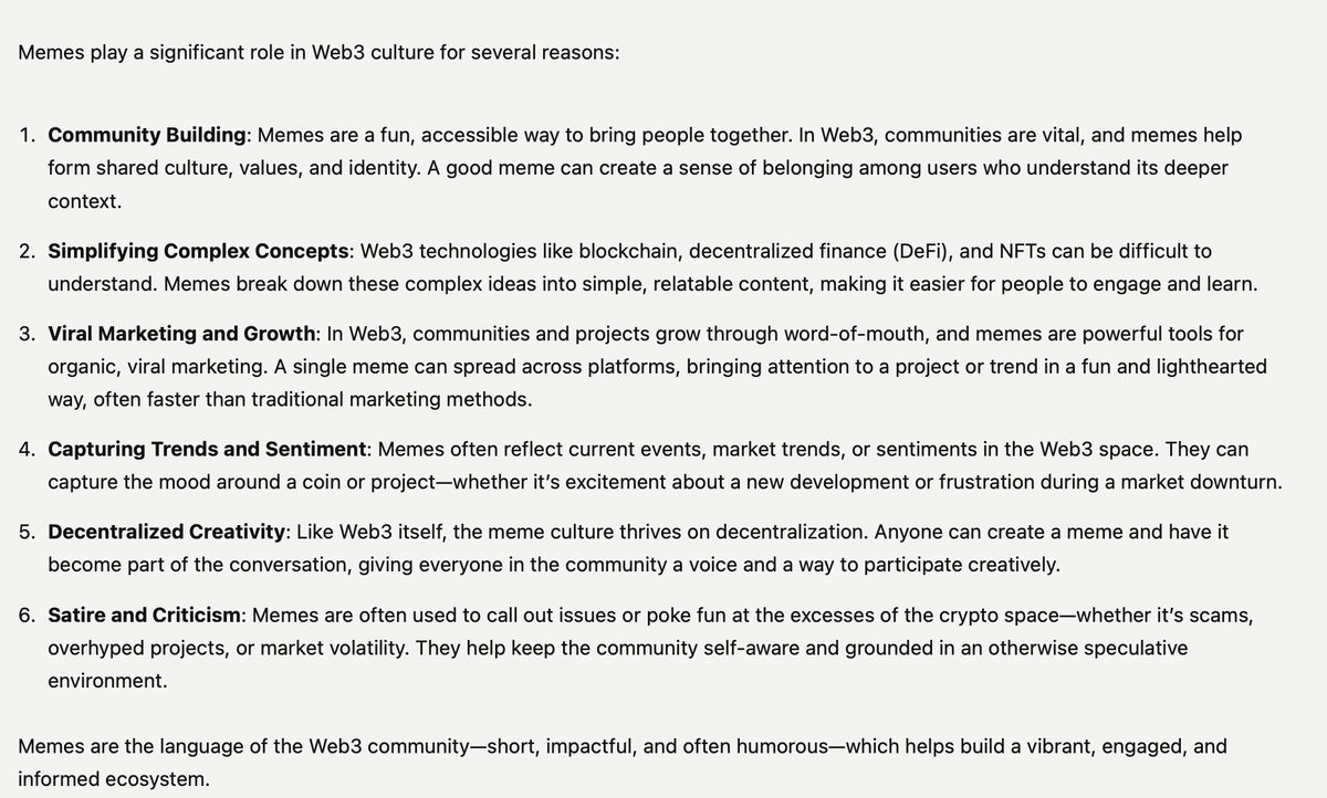 ForjOfficial's tweet image. We asked ChatGPT why meme narrative is important for web3.

Would you agree with the answer?