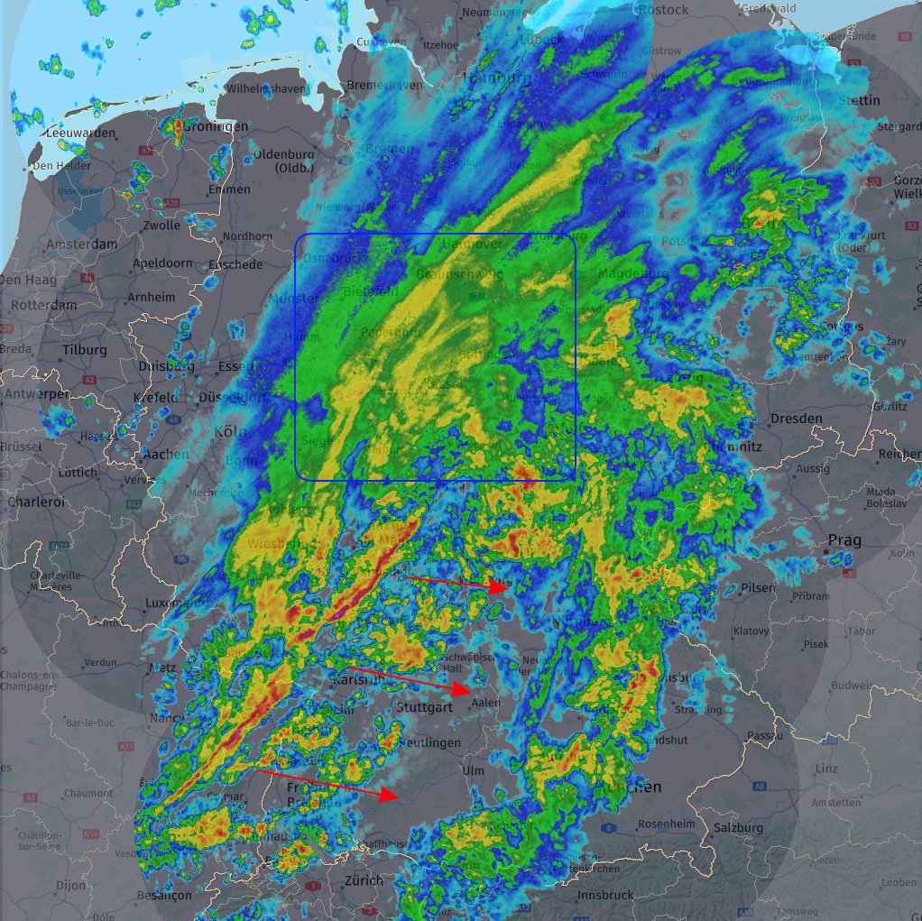 UWR_de's tweet image. Aktuelle Situation des Tiefs #CHARLY: Im Blauen Kasten schneit es derzeit am kräftigsten, hier sind unsere Unwetterwarnungen aktiv. Zudem ist südlich die sich formierende Kaltfront zu sehen. Diese wird im Süden meist Böen zwischen 60 und 80 km/h bringen, lokal auch mehr. #Schnee