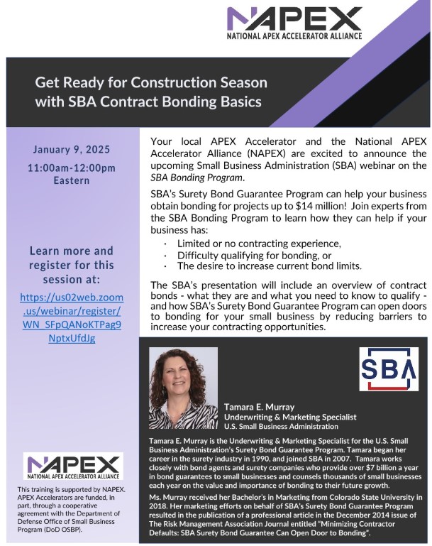 nwpa_apex's tweet image. TODAY at 11a! Join #APEXAccelerators and U.S. Small Business Administration (SBA) to learn about SBA&apos;s Surety Bond Guarantee Program. Free to attend, sign up at:  us02web.zoom.us/webinar/regist…