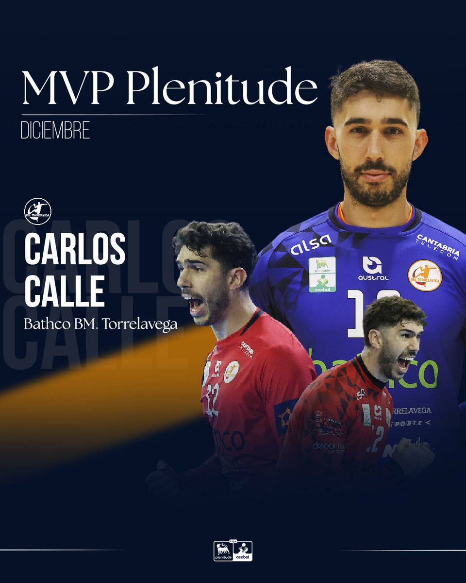 👑 ¡Todos los honores al 𝐌𝐕𝐏 𝐏𝐥𝐞𝐧𝐢𝐭𝐮𝐝𝐞 del mes de diciembre, <a href="/CCallelobo/">Carlos Calle</a>! 

📈 Premio al gran momento de forma del portero de <a href="/BMTorrelavega/">Bathco Balonmano Torrelavega</a>, clave en el último tramo de 2⃣0⃣2⃣4⃣

🏅 Se impone en las votaciones a Asier Nieto y Melvyn Richardson

#⃣ #EscuelaDeTalento