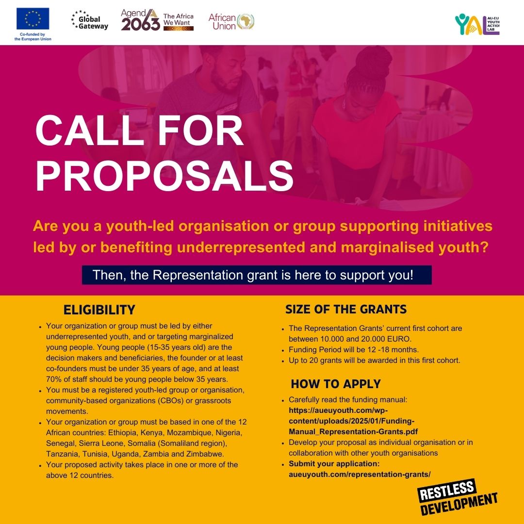Restless Development (@restless_uganda) on Twitter photo 📢 We are excited to announce the Open Call for proposals 📢
🌍 Are you a young leader (15 - 35 years old) working to create change in your community? The <a href="/AUEUYouthLab/">AUEU Youth Lab</a> is giving youth-led initiatives in Africa and Europe a chance to APPLY for funding. An opportunity to bring 📢 We are excited to announce the Open Call for proposals 📢
🌍 Are you a young leader (15 - 35 years old) working to create change in your community? The <a href="/AUEUYouthLab/">AUEU Youth Lab</a> is giving youth-led initiatives in Africa and Europe a chance to APPLY for funding. An opportunity to bring