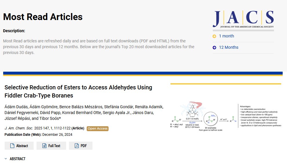 Soos OrgCat Lab (@soosgroup) on Twitter photo Exciting news!🎉 Our paper about the selective reduction of esters to aldehydes is currently the most read article in <a href="/J_A_C_S/">J. Am. Chem. Soc.</a> with over 12,000 reads in just two weeks! Huge thanks for the great feedback! Stay tuned for more exciting FLP chemistry soon!
pubs.acs.org/action/showMos… Exciting news!🎉 Our paper about the selective reduction of esters to aldehydes is currently the most read article in <a href="/J_A_C_S/">J. Am. Chem. Soc.</a> with over 12,000 reads in just two weeks! Huge thanks for the great feedback! Stay tuned for more exciting FLP chemistry soon!
pubs.acs.org/action/showMos…