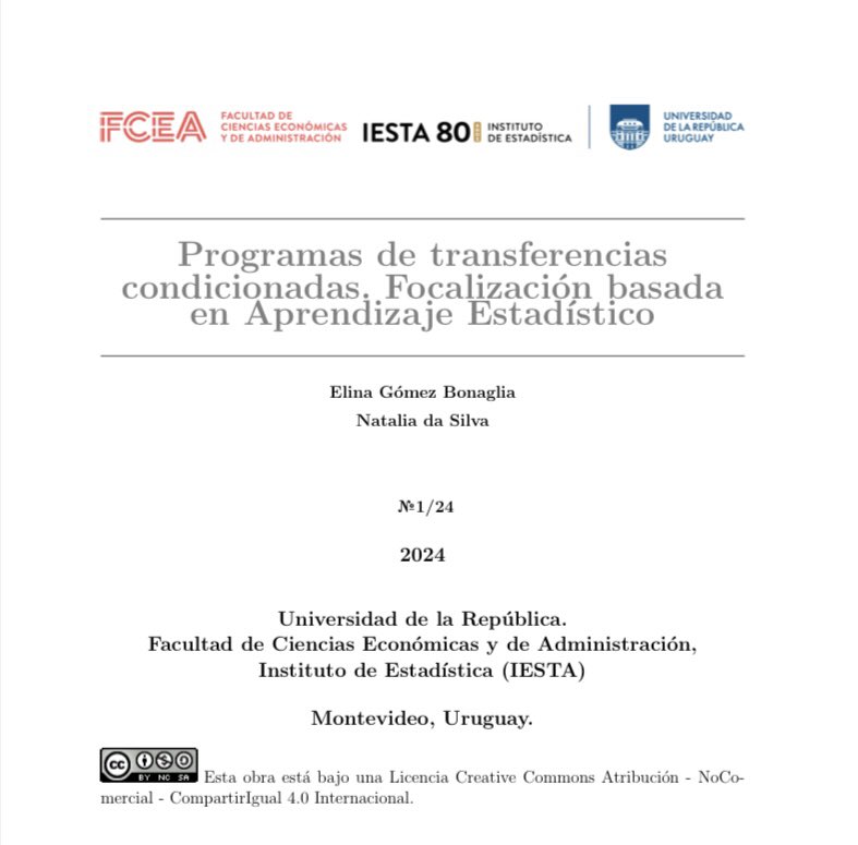 Elina Gómez (@elinagomezb) on Twitter photo 🚨 Salió DT <a href="/IestaUdelar/">Instituto de Estadística (IESTA)</a> con <a href="/pacocuak/">Natalia da Silva, @pacocuak@mastodon.social</a>, donde ensayamos modelos alternativos basados en Aprendizaje Estadístico, con buenos resultados, para definir la focalización del principal programa de transferencias monetarias de 🇺🇾 Asignaciones Familiares del Plan de Equidad (AFAM-PE). 🚨 Salió DT <a href="/IestaUdelar/">Instituto de Estadística (IESTA)</a> con <a href="/pacocuak/">Natalia da Silva, @pacocuak@mastodon.social</a>, donde ensayamos modelos alternativos basados en Aprendizaje Estadístico, con buenos resultados, para definir la focalización del principal programa de transferencias monetarias de 🇺🇾 Asignaciones Familiares del Plan de Equidad (AFAM-PE).
