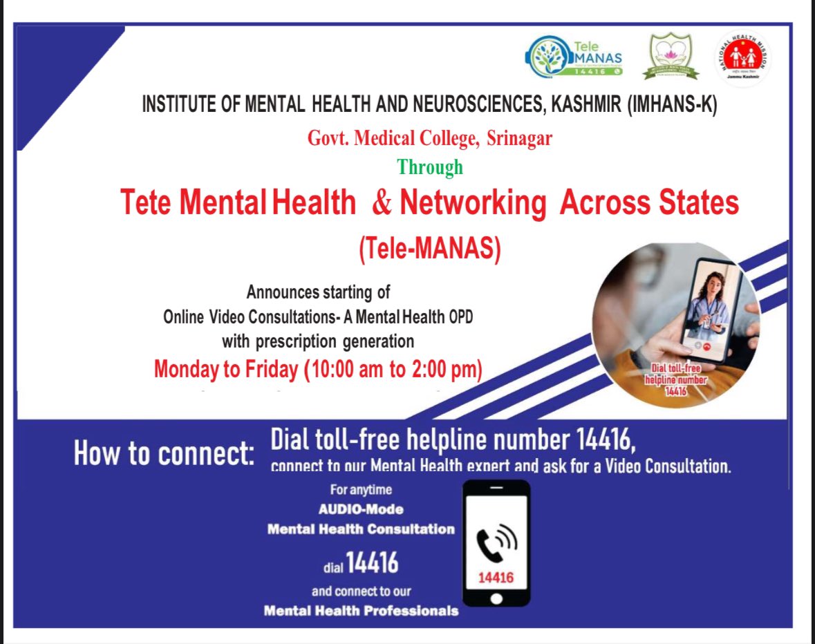 Digital mental health clinics in Jammu and Kashmir to overcome treatment gap which according to National Mental Health Survey (NMHS) is as high as 83% in India. The initiative is aimed at making  mental healthcare accessible and affordable in J&amp;K.