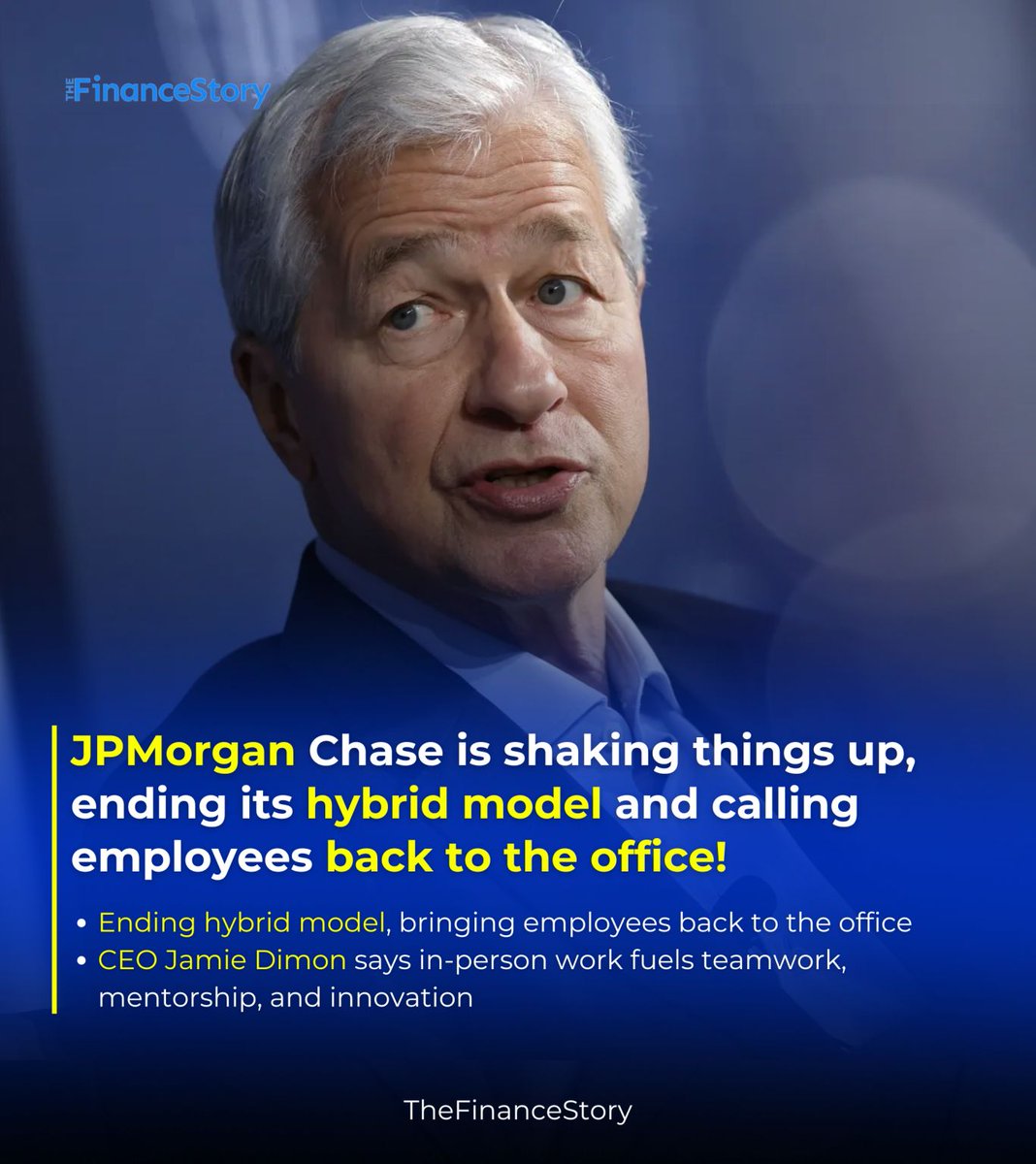 Jamie Dimon, the boss of the largest U.S. bank with 300,000+ employees believes in-person work is essential for teamwork, faster decisions, and sparking creativity. 🧠

Here is what's happening - thefinancestory.com/jp-morgan-us-l…

#jpmorgan #wfh #rto