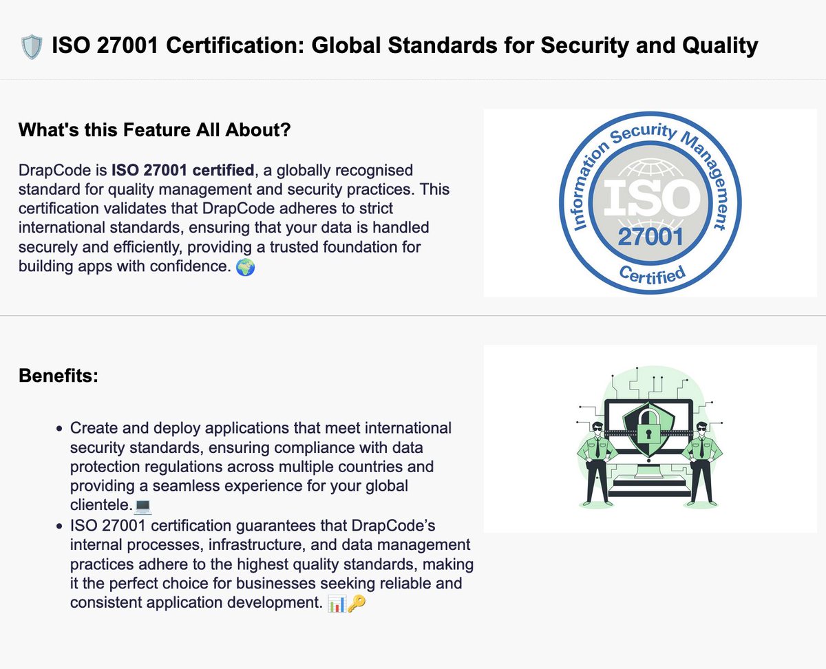 drapcode's tweet image. DrapCode Hits New Heights 🎊🎁
We are now certified for the following compliance.
✅ SOC 2 Type 2 Certified
✅ ISO 27001 Certified
✅ HIPAA Certified
Building on DrapCode is more secure and powerful now 💪
#drapcode #nocode #ai #lowcode
