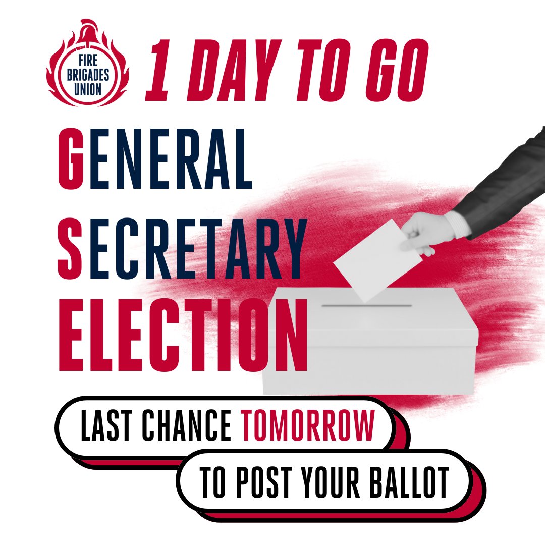 1 DAY TO GO 

The FBU general secretary is the union's most senior national official. You get to decide who they are. 

If you're a member, a ballot paper has been sent to your home address. It must be in the post tomorrow at the latest to land in time to be counted.