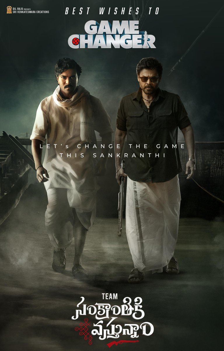 SVC_official's tweet photo. Let’s change the GAME this SANKRANTHI ❤️‍🔥

Wishing Global Star @AlwaysRamCharan, @shankarshanmugh sir, #Dilraju garu and the entire team of #GameChanger a GAME CHANGING SUCCESS at the cinemas tomorrow💥💥

— Team #SankranthikiVasthunam 🤎

@advani_kiara @yoursanjali @iam_SJSuryah @MusicThaman @SVC_official