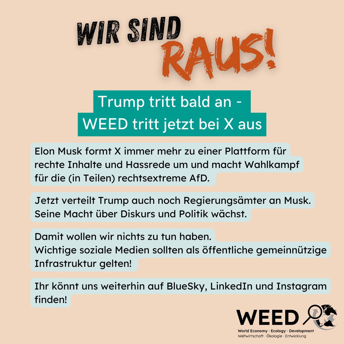 Wir sind raus! Unter Musk ist <a href="/X/">X</a> zu einer Plattform für rechte Inhalte und Hassrede geworden – das passt nicht zu unseren Werten. Folgt uns auf unseren anderen Plattformen. #ByeByeElon