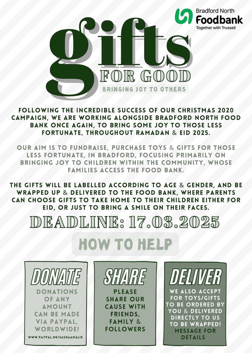 sasha malik (@sashaamaliik) on Twitter photo Excited to launch my new campaign, Gifts for Good with <a href="/BfdNEfoodbank/">BradfordNth Foodbank</a> 💚
All donations will be used to purchase the gifts, to give out during Ramadan & Eid, to bring smiles on those less fortunate during this time, who access the food bank.
DONATE HERE: PayPal.me/sashaamalik Excited to launch my new campaign, Gifts for Good with <a href="/BfdNEfoodbank/">BradfordNth Foodbank</a> 💚
All donations will be used to purchase the gifts, to give out during Ramadan & Eid, to bring smiles on those less fortunate during this time, who access the food bank.
DONATE HERE: PayPal.me/sashaamalik