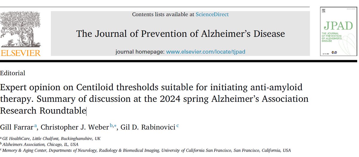 📢 Check out this recent opinion piece on the use of Centiloid threshold for anti-amyloid therapy published in The Journal of Prevention of Alzheimer's Disease.  

Many <a href="/IMI_AMYPAD/">AMYPAD</a> collaborators are acknowledged for sharing their input on the topic!

➡️sciencedirect.com/science/articl…