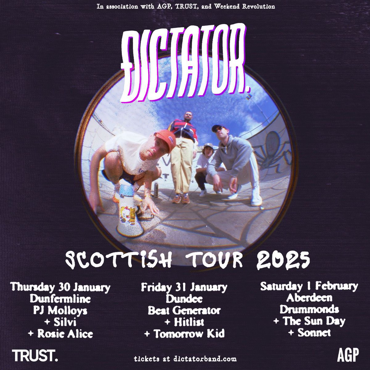 Dictator (@dictator_band) on Twitter photo Scottish East Coast Tour - 3 weeks today 😮💨
Jan 30th, Dunfermline w/ <a href="/SILVIsounds/">SILVI</a> & <a href="/RosieAliceMusic/">Rosie Alice Music</a>
Jan 31st, Dundee w/ <a href="/Hitlistaberdeen/">Hitlist</a> & Tomorrow Kid
Feb 1st, Aberdeen w/ <a href="/TheSunDayBand/">The Sun Day</a> & <a href="/sonnetbanduk/">Sonnet.</a>
Who’s coming to join for some madness?!🤪 Scottish East Coast Tour - 3 weeks today 😮💨
Jan 30th, Dunfermline w/ <a href="/SILVIsounds/">SILVI</a> & <a href="/RosieAliceMusic/">Rosie Alice Music</a>
Jan 31st, Dundee w/ <a href="/Hitlistaberdeen/">Hitlist</a> & Tomorrow Kid
Feb 1st, Aberdeen w/ <a href="/TheSunDayBand/">The Sun Day</a> & <a href="/sonnetbanduk/">Sonnet.</a>
Who’s coming to join for some madness?!🤪