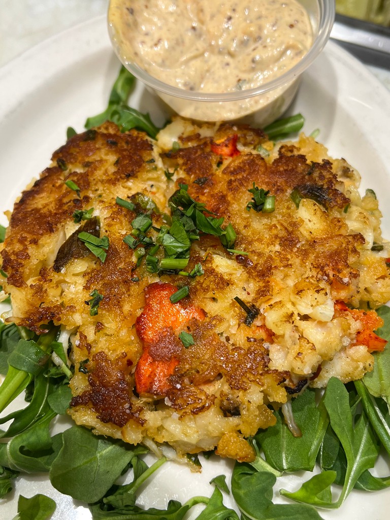 Seafood Cakes Appetizer. A delicious mix of halibut, King crab, and lobster with a template dipping sauce. Brave the cold and warm up with this excellent appetizer special at Knight’s Downtown this weekend.