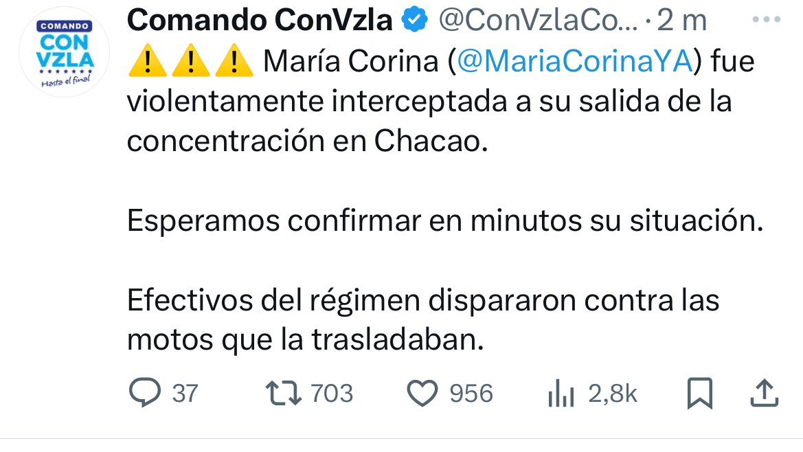 MagJorgeCastro's tweet photo. ⚠️⚠️#Urgente. María Corina violentamente detenida a la salida de la protesta… militares dispararon contra las motos que la trasladaban.

Máxima difusión!! https://t.co/nOSvPv1zTL