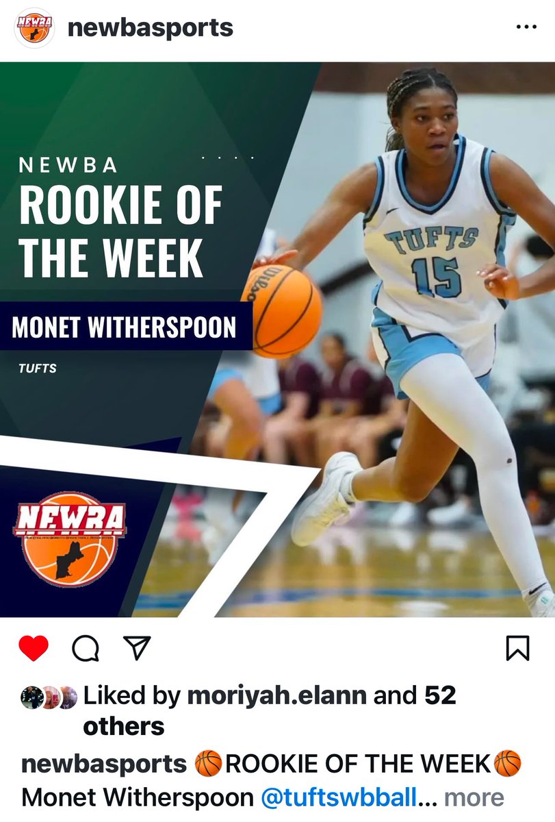 Monet Witherspoon (@monetspoon) on Twitter photo Thanks #NEWBA for recognizing me again as Rookie Of The Week! #MoMoneyWorld #MoBuckets #Tufts #JumboPride Thanks #NEWBA for recognizing me again as Rookie Of The Week! #MoMoneyWorld #MoBuckets #Tufts #JumboPride