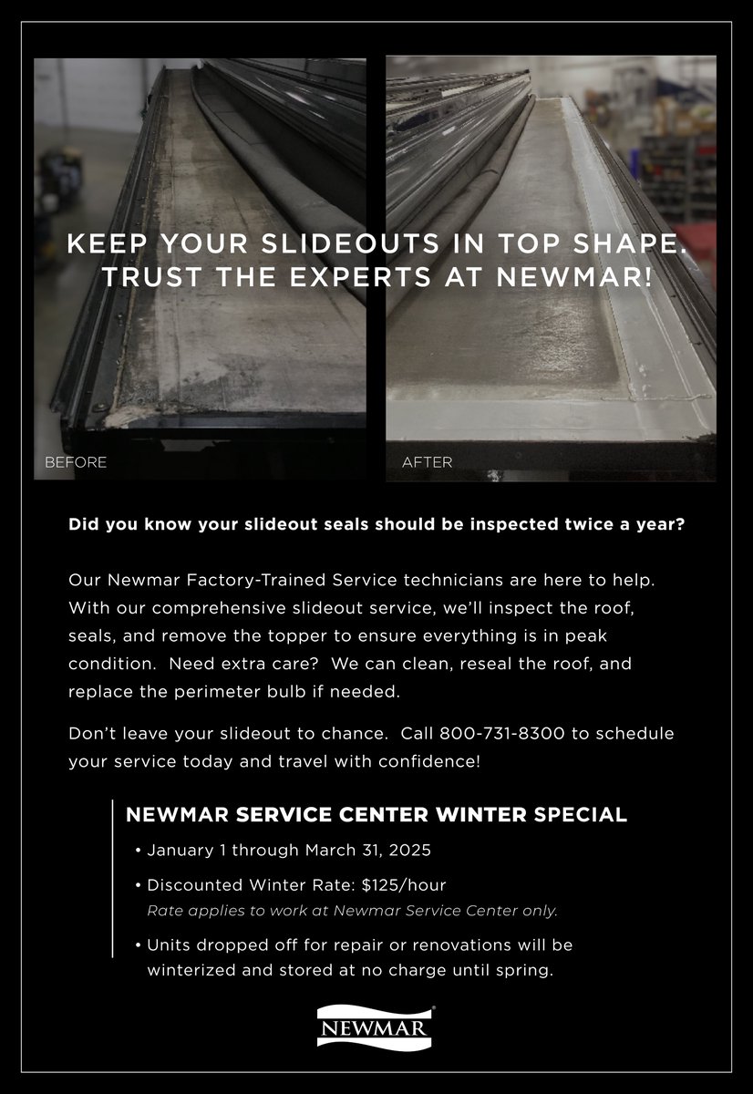 Did know your slideout seals should be inspected twice a year? Our Newmar Factory-Trained Service technicians are here to help. Call 800-731-8300 to schedule your service today and travel with confidence!

#newmarservice #newmar #travelworryfree