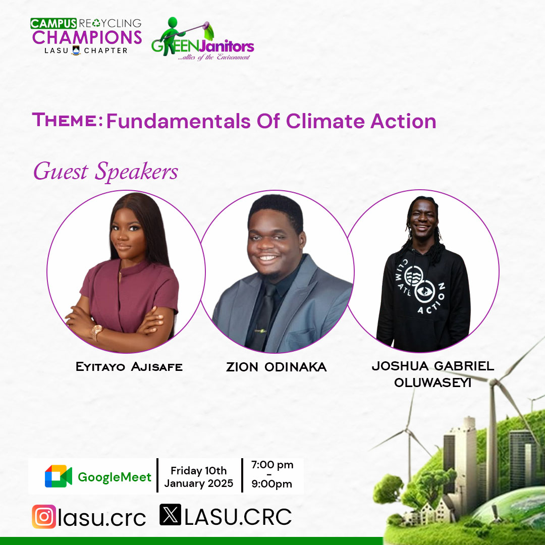 Join us tomorrow for an insightful session on Fundamentals of Climate Action featuring inspiring guest speakers Eyitayo Ajisafe, Zion Odinaka, and Joshua Gabriel Oluwaseyi. 🌍✨

Let's take bold steps towards a sustainable future together!
#sustainability #crclasu #climateaction