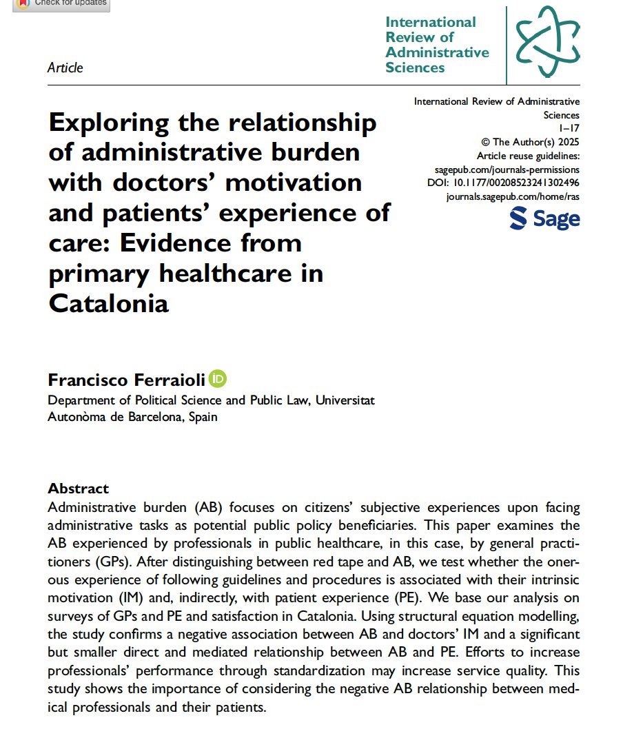 🚨Publication alert!
Excited to announce my paper has been published! I bring a new approach to administrative burden within public administration, distinguishing it from red tape. How does it impact doctors' intrinsic motivation and patient experience?

journals.sagepub.com/doi/10.1177/00…