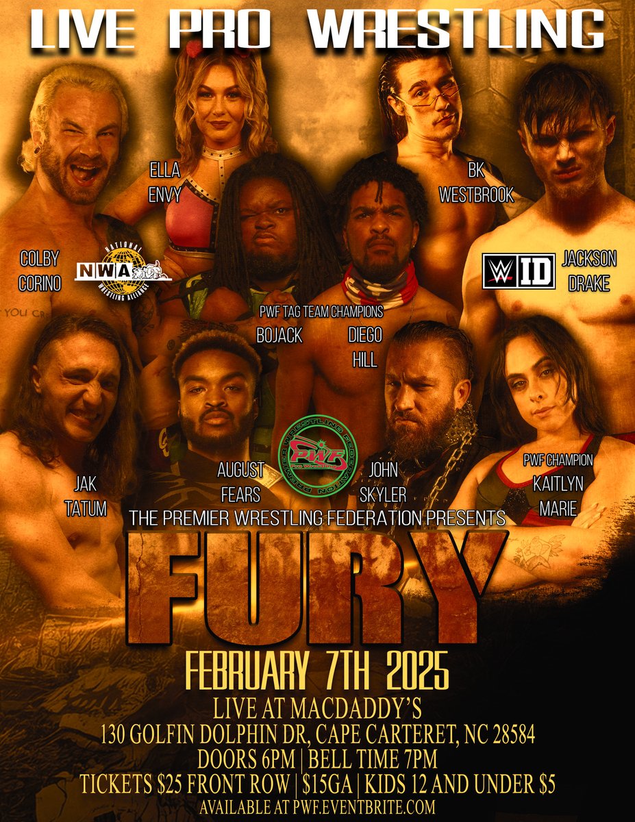 the PWF is coming to Mac Daddy's on Feb 7th! Tickets will be purchased upon arrival. Doors open at 6:00, and front-row tickets are limited!