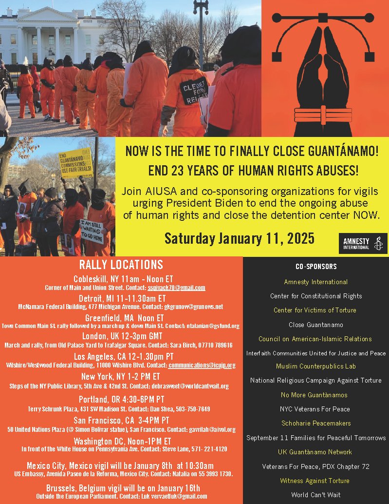 AmnestySF30's tweet photo. 23 YEARS of #HumanRights abuses = #GTMO!
@POTUS @SecBlinken the time is NOW!
Safely #CloseGuantanamo. 15 men remain.
Release the 3 men cleared for release NOW!
SF join @amnesty & @worldcantwait & cosponsors for #CLOSEGITMO #GlobalVigils
Jan. 11 3pm
50 United Nations Plaza, SF https://t.co/qaJcQHHj90
