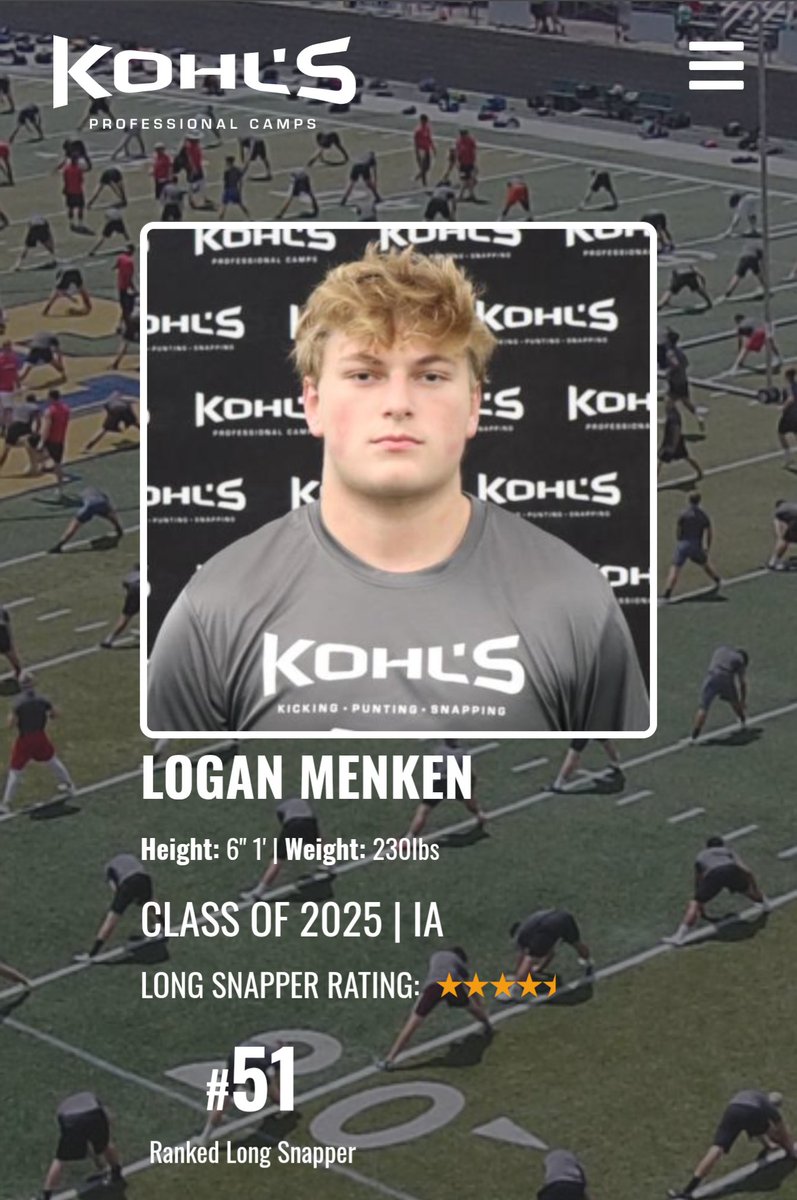 kohlskicking.com/player-profile…

4.5*.  #51 ranked long snapper in the country