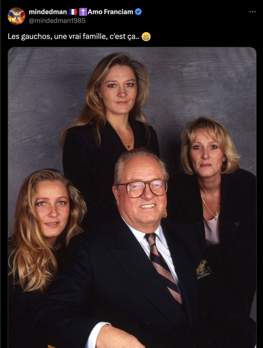 On a :
- Jean-Marie : son ex-femme a dû poser dans Playboy pour protester parce qu'il ne lui versait pas de pension alimentaire.
- Marine : mariée deux fois, divorcée deux fois.
- Yann : a eu une fille (Marion) avec un homme marié.
Paye tes valeurs familiales traditionnelles.