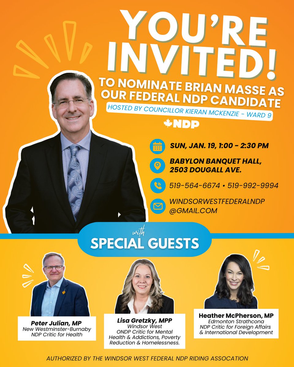 I’m honoured to put my name forward to represent Windsor West once again! Let’s come together for a brighter future for all. 

On Jan 19, join the WW NDP Riding Nomination Meeting to kick off this integral election year.  All are welcome!
