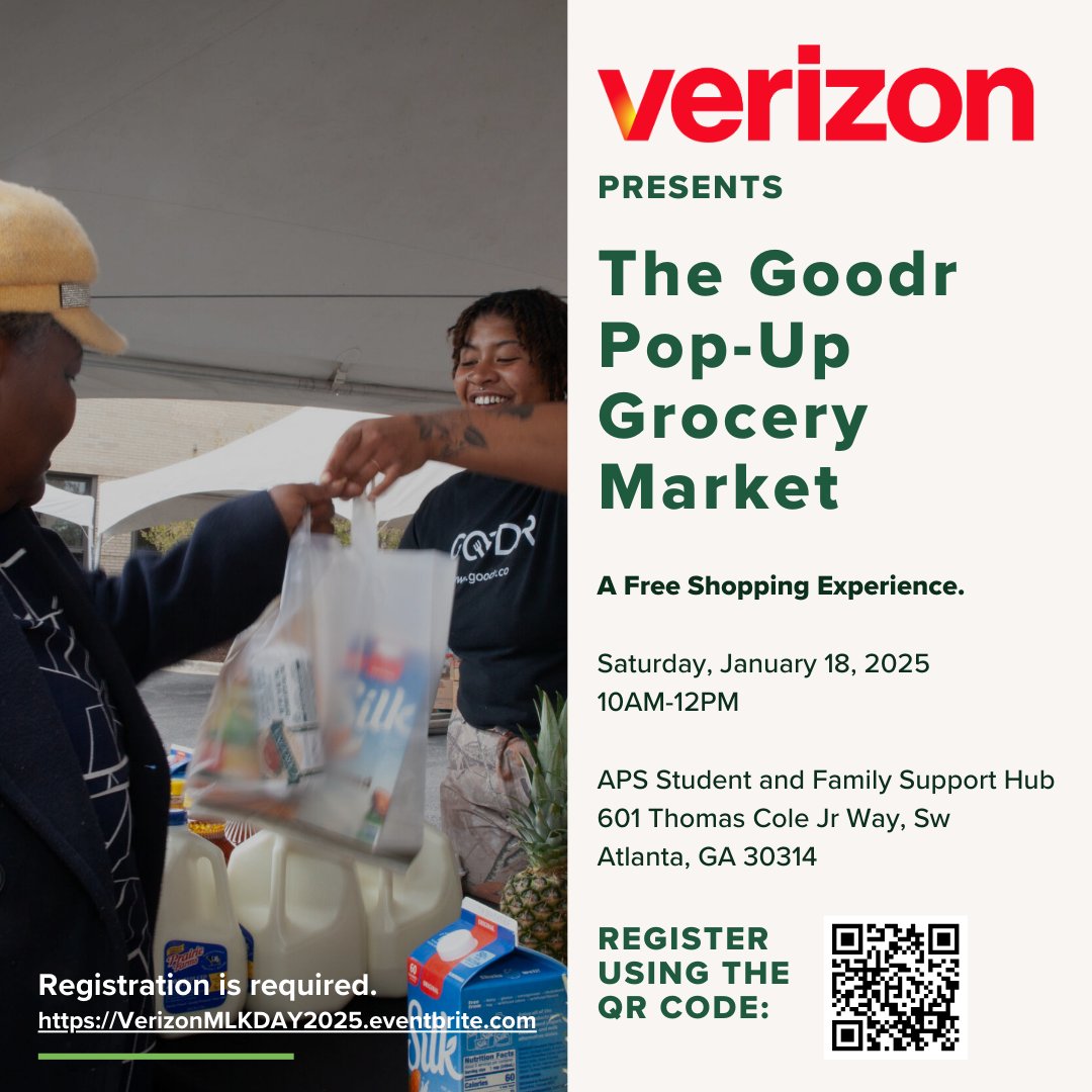 We're teaming up with <a href="/Verizon/">Verizon</a> next Saturday to bring a FREE Pop-Up Grocery Market to Atlanta! 🛒  

Registration is required. You and your family can register using the QR code or link in our bio. We hope to see  you soon! 💚 #DoingGoodr #CommunityCare