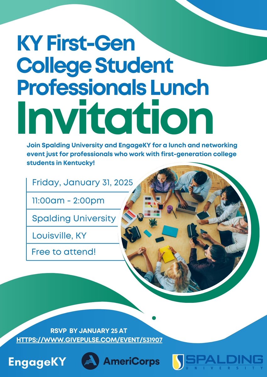 EngageKY (@engageky) on Twitter photo Join us and <a href="/SpaldingU/">Spalding University</a> for this networking event for First-Gen College Student Professionals! FREE to attend! RSVP at givepulse.com/event/531907
Where: Spalding University
When: Jan. 31st (11am - 2pm)
#EngageKY #SpaldingU #ServeKY #KHEAA #AmeriCorps #GetThingsDone #HigherEducation Join us and <a href="/SpaldingU/">Spalding University</a> for this networking event for First-Gen College Student Professionals! FREE to attend! RSVP at givepulse.com/event/531907
Where: Spalding University
When: Jan. 31st (11am - 2pm)
#EngageKY #SpaldingU #ServeKY #KHEAA #AmeriCorps #GetThingsDone #HigherEducation