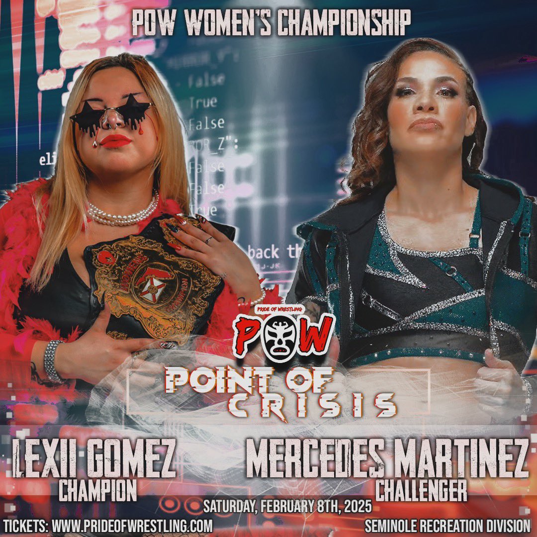 Pride of Wrestling (@powrestlingllc) on Twitter photo 🚨Match Announcement🚨 POW Women’s Championship‼️<a href="/lexi_gomez_/">𝓛𝓮𝔁𝓲 𝓖𝓸𝓶𝓮𝔃</a> defends against <a href="/RealMMartinez/">Mercedes Martinez 🏳️🌈🇵🇷</a> ‼️
🚨Pride of Wrestling presents POW37 Point of Crisis‼️ Saturday February 8th 6:00pm at the Seminole Recreation Center in Seminole FL🚨
🎟️Tickets at: prideofwrestling.com 🚨Match Announcement🚨 POW Women’s Championship‼️<a href="/lexi_gomez_/">𝓛𝓮𝔁𝓲 𝓖𝓸𝓶𝓮𝔃</a> defends against <a href="/RealMMartinez/">Mercedes Martinez 🏳️🌈🇵🇷</a> ‼️
🚨Pride of Wrestling presents POW37 Point of Crisis‼️ Saturday February 8th 6:00pm at the Seminole Recreation Center in Seminole FL🚨
🎟️Tickets at: prideofwrestling.com