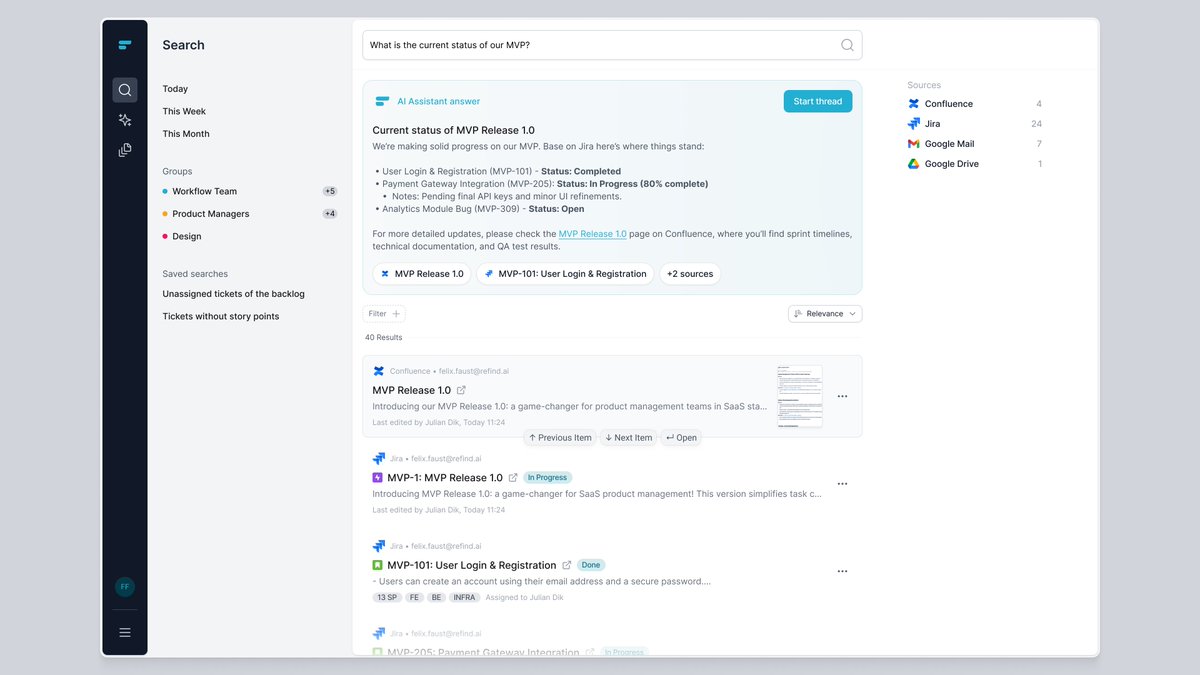 JulianDik_'s tweet photo. Working on: Enterprise search for IT teams for @refind_ai ✨🔎

Perfectly integrated with @Jira and @Confluence .

Thoughts? 😎 https://t.co/BqTtUAgclV