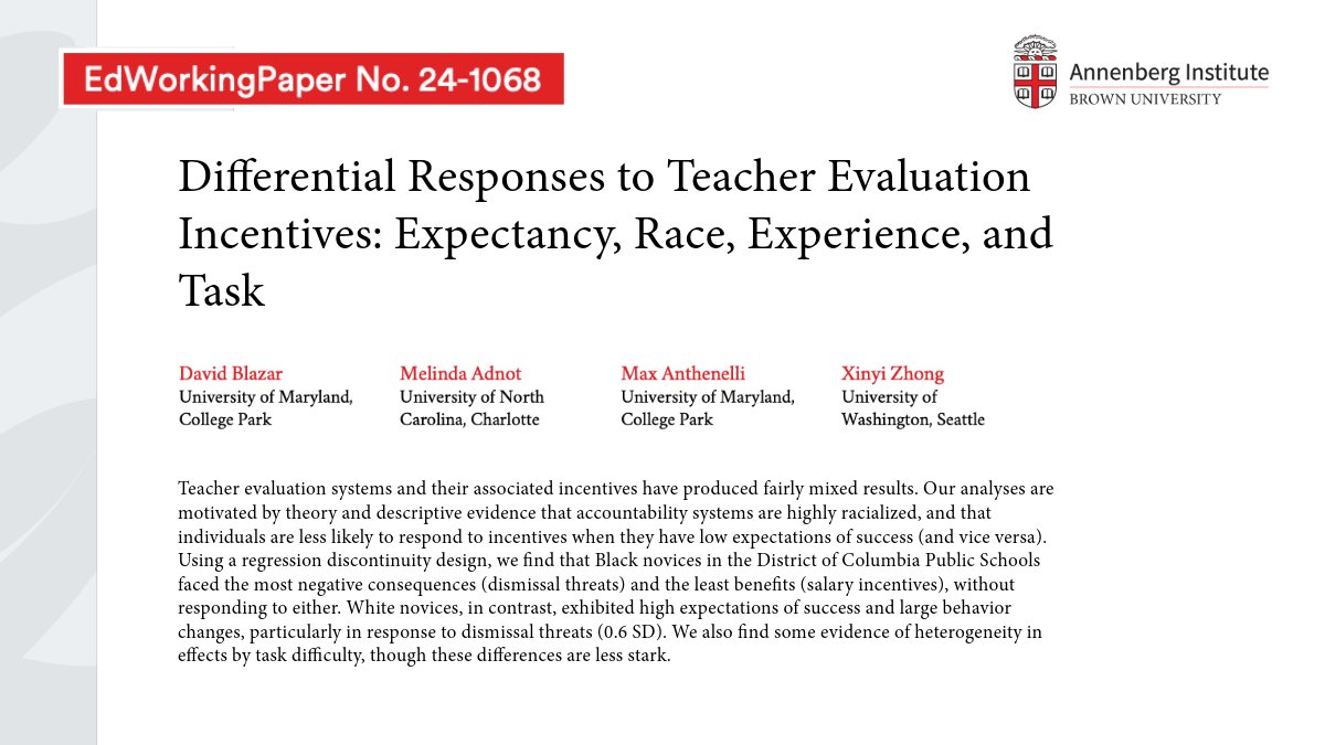 Annenberg Institute at Brown (@annenberginst) on Twitter photo 📢 #EdWorkingPapers: DC teachers respond differently to evaluation incentives, with striking divides by race and experience.
🔍 Authors: <a href="/david_blazar/">David Blazar</a>, <a href="/unccharlotte/">UNC Charlotte</a>'s Melinda Adnot, <a href="/UofMaryland/">Univ. of Maryland</a>'s Max Anthenelli & <a href="/UWCollegeOfEd/">UW College of Education</a>'s Xinyi Zhong
📄 bit.ly/48MENBv 📢 #EdWorkingPapers: DC teachers respond differently to evaluation incentives, with striking divides by race and experience.
🔍 Authors: <a href="/david_blazar/">David Blazar</a>, <a href="/unccharlotte/">UNC Charlotte</a>'s Melinda Adnot, <a href="/UofMaryland/">Univ. of Maryland</a>'s Max Anthenelli & <a href="/UWCollegeOfEd/">UW College of Education</a>'s Xinyi Zhong
📄 bit.ly/48MENBv