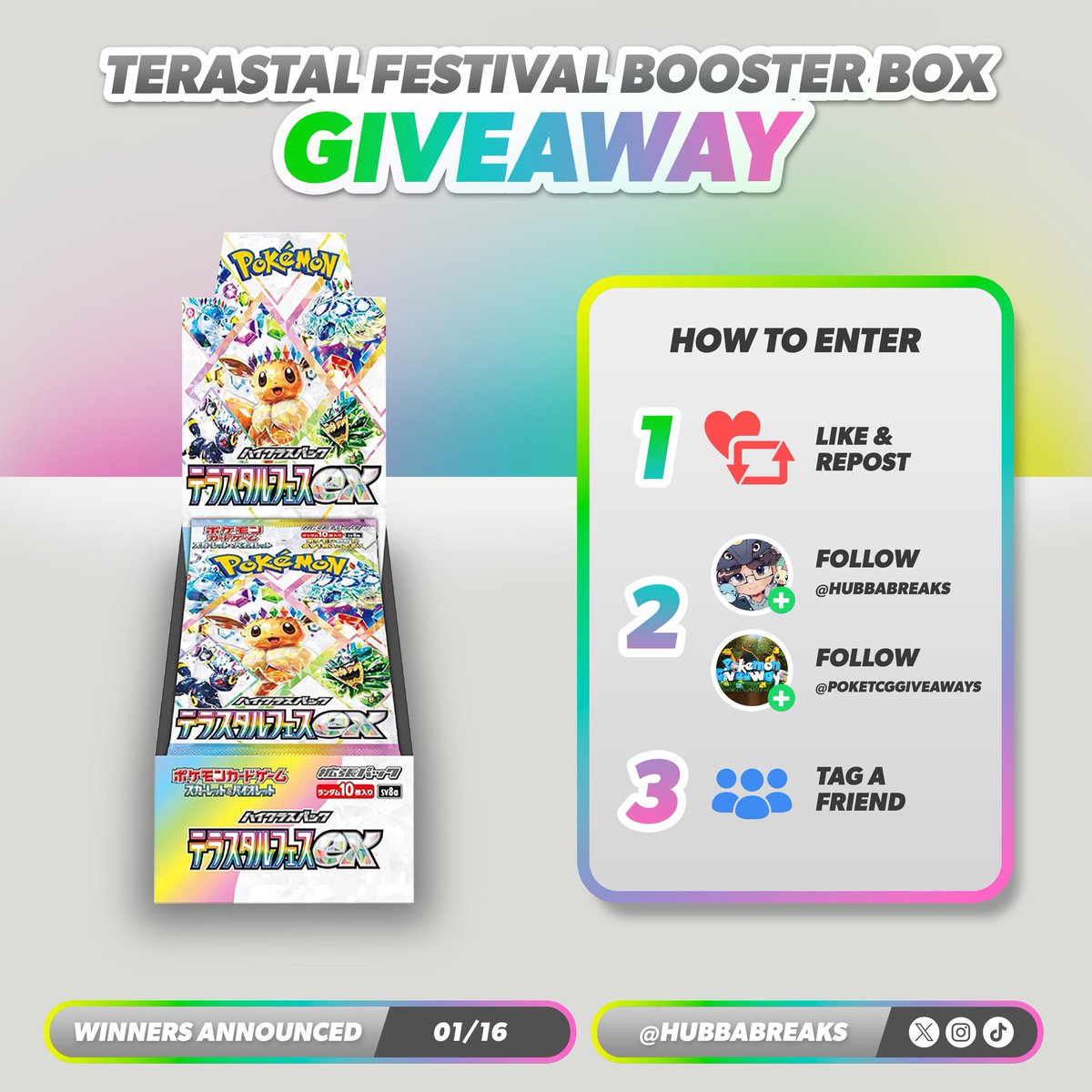 Pokemon Giveaways (@poketcgiveaways) on Twitter photo Win a Terastal Festival booster box! 🇯🇵
✅ Repost and like
✅ Follow us and <a href="/HubbaBreaks/">Hubba Breaks</a>
✅ Tag a friend
🗓️ Winner drawn on 16th January.
#PokemonTCG | #PokemonGiveaways Win a Terastal Festival booster box! 🇯🇵
✅ Repost and like
✅ Follow us and <a href="/HubbaBreaks/">Hubba Breaks</a>
✅ Tag a friend
🗓️ Winner drawn on 16th January.
#PokemonTCG | #PokemonGiveaways