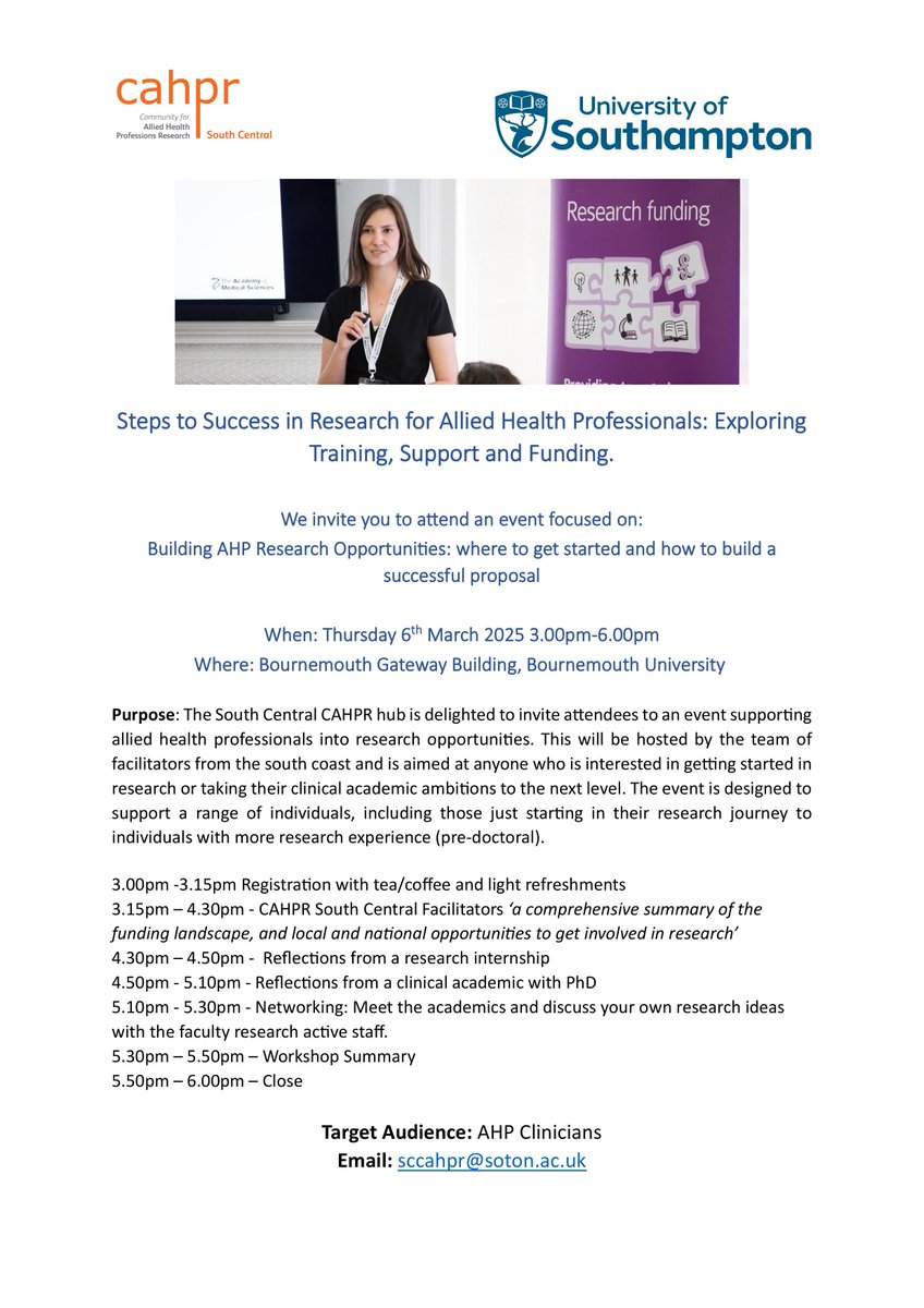 EVENT:

Steps to success in research for allied health professionals exploring training, support and funding - Bournemouth:

cahpr.org.uk/events/steps-t…