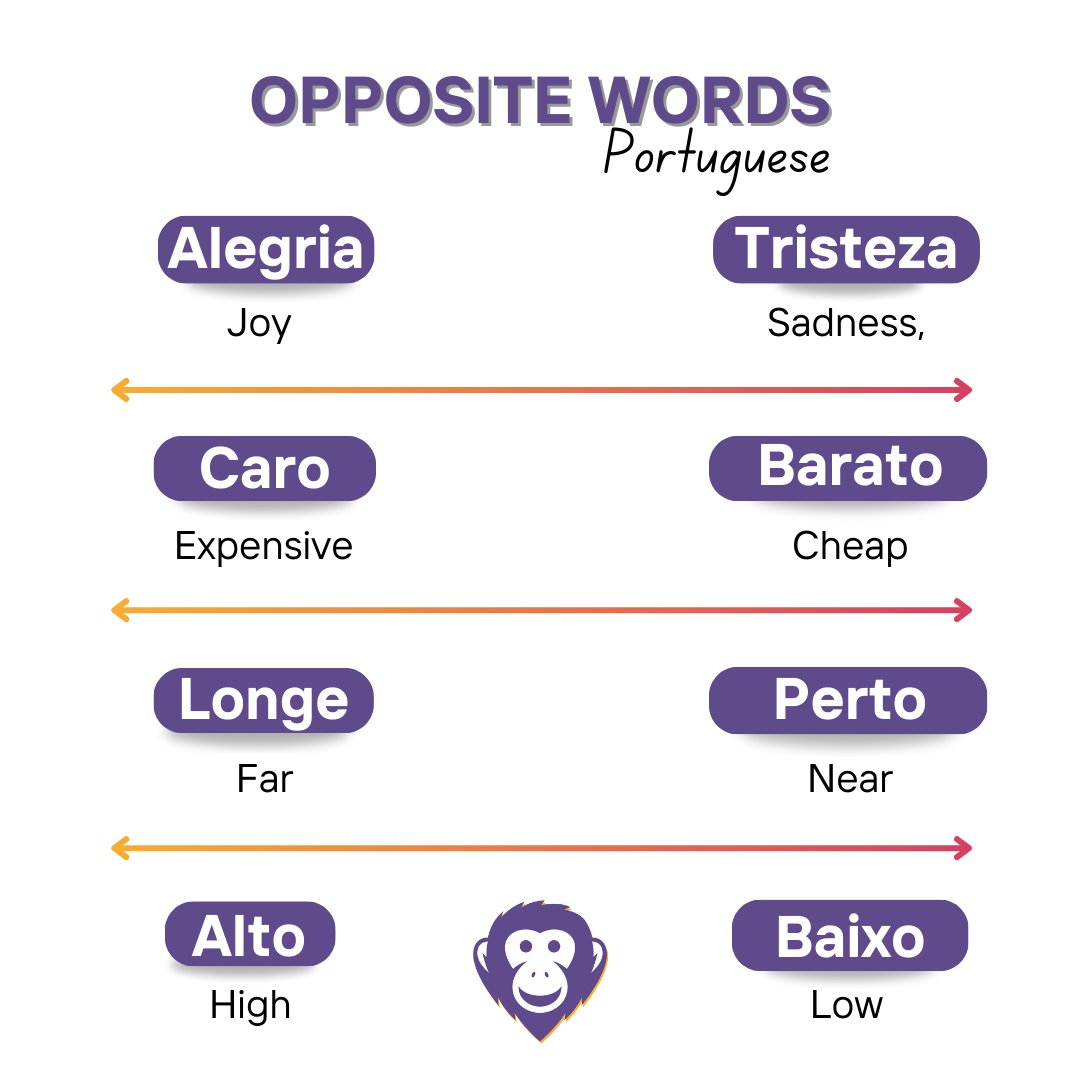 lingoamo's tweet image. Learning words and their opposites is an excellent way to expand your vocabulary in Portuguese. For more content like this follow us! 
#languageforall #thebestof3worlds #learnportuguese #enrichingexperiences #artificialintelligence #innovation #learningportuguese