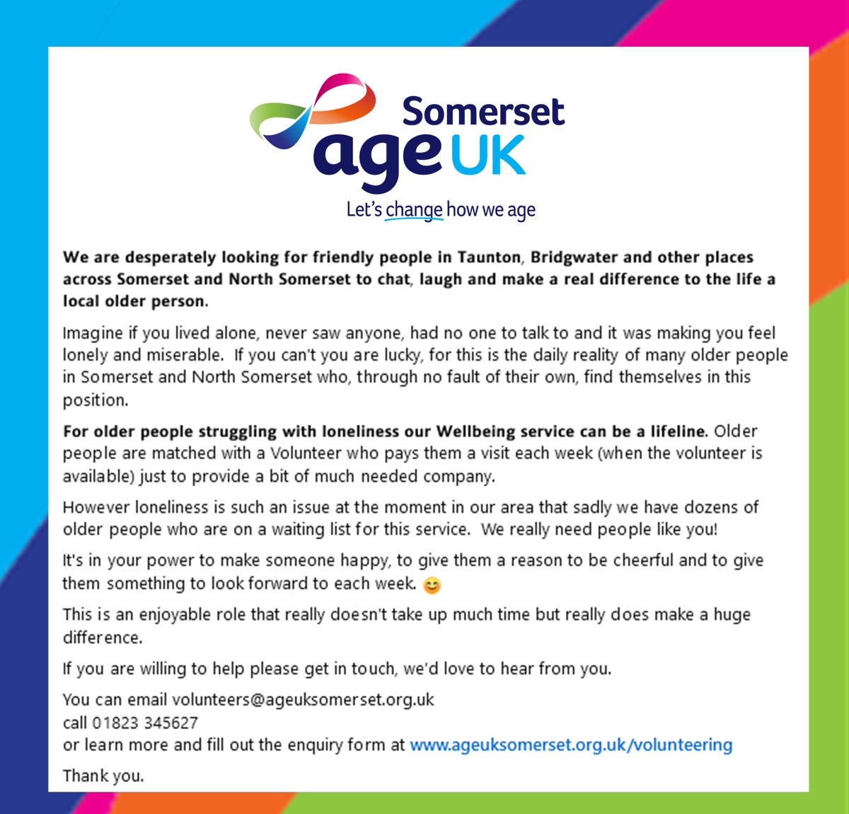 AgeUKSomerset's tweet image. We're desperately looking for friendly people in #Taunton #Bridgwater &amp;amp; all over #Somerset to chat, laugh &amp;amp; make life less #lonely for a local older person.
We have many older people on our waiting list for a visitor so we really need you!
ageuk.org.uk/somerset/get-i…
#yourtimeyourway