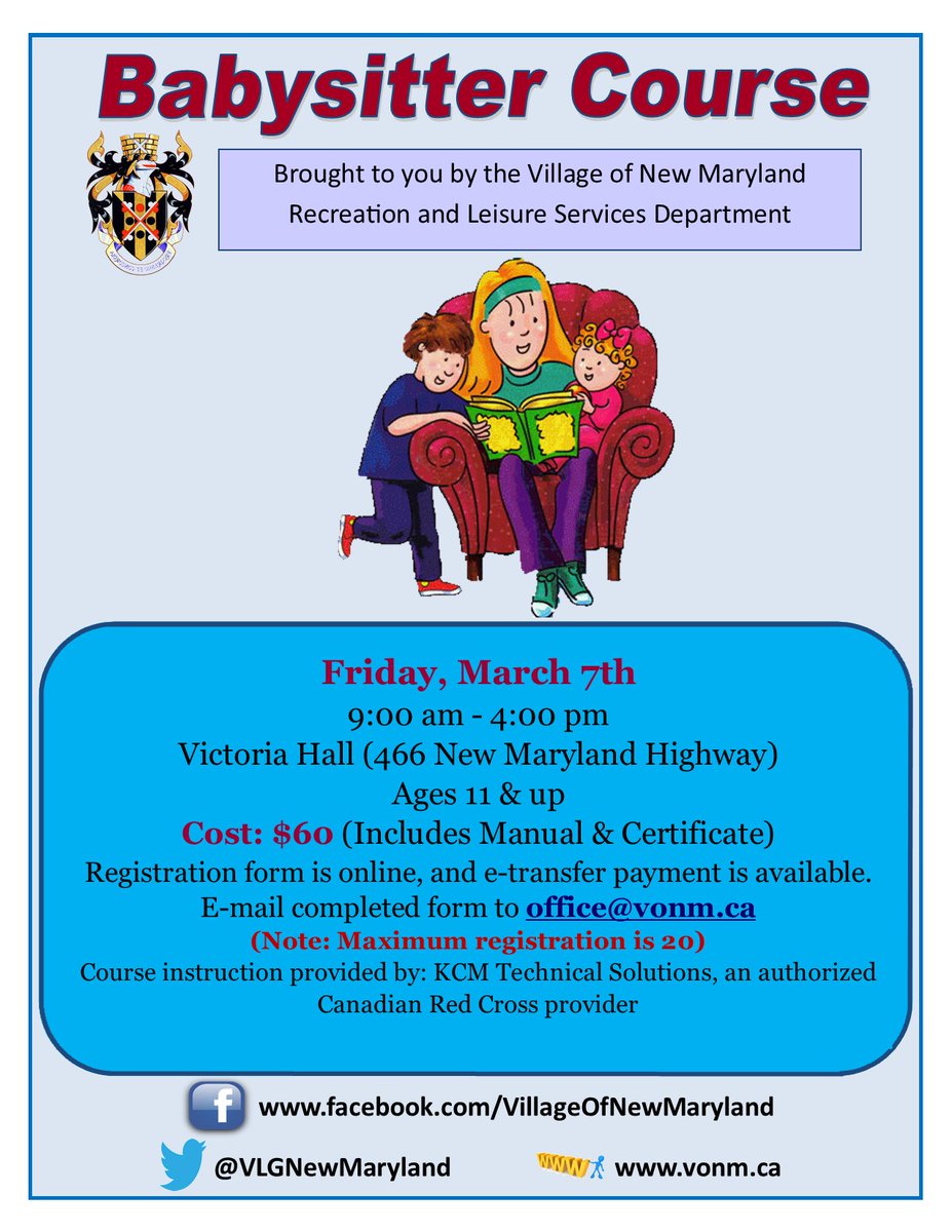 A babysitter course has been scheduled over the March Break and registration is now open! The registration form is available on our website - vonm.ca/living/recreat…, and we offer e-transfer payments. Please note the course registration is limited to 20 participants. - MS