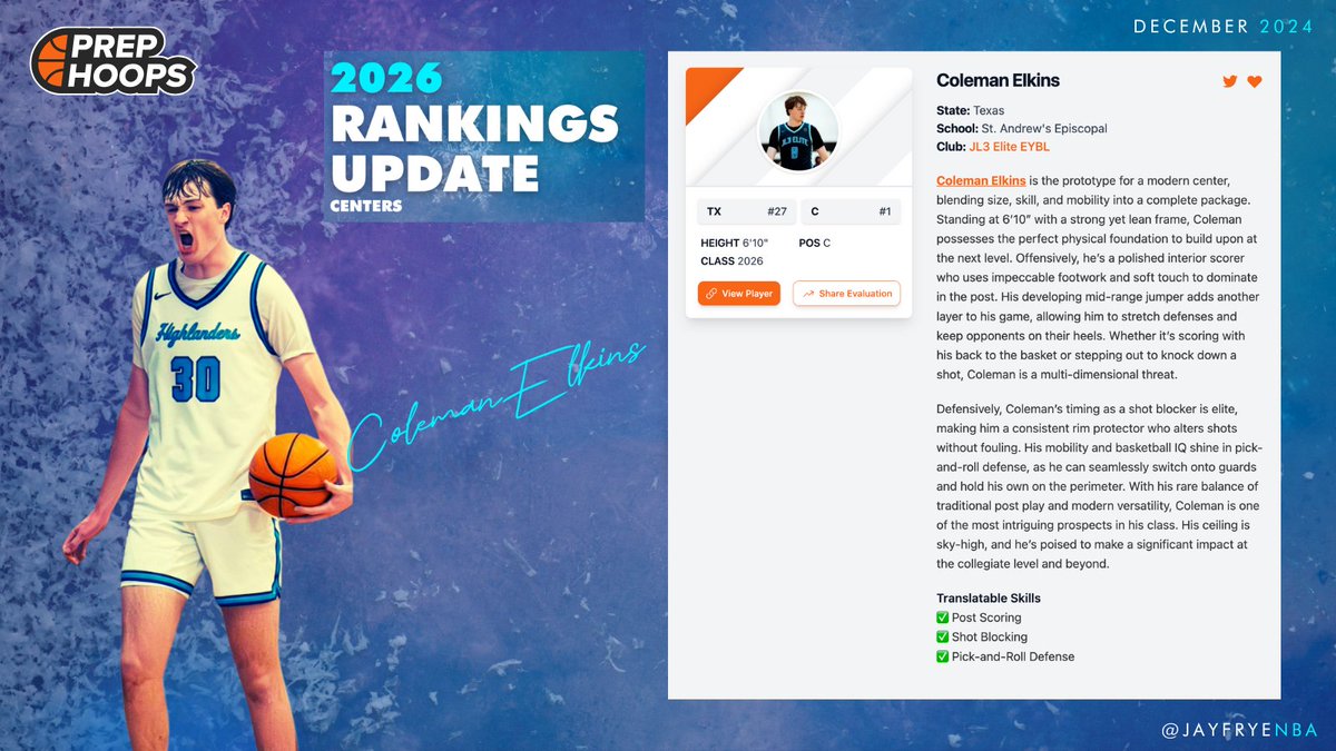 Coleman Elkins (@colemanelkins) on Twitter photo Texas 2026 Rankings Update: Top 10 Centers prephoops.com/2025/01/texas-…
Thanks <a href="/JayFryeNBA/">Jay Frye</a> <a href="/PrepHoops/">Prep Hoops 🏀</a> <a href="/PrepHoopsTX/">Prep Hoops Texas</a> .
<a href="/JL3Elite/">JL3 Basketball</a> <a href="/HighlanderMBB/">St. Andrew’s Boys Basketball</a> Texas 2026 Rankings Update: Top 10 Centers prephoops.com/2025/01/texas-…
Thanks <a href="/JayFryeNBA/">Jay Frye</a> <a href="/PrepHoops/">Prep Hoops 🏀</a> <a href="/PrepHoopsTX/">Prep Hoops Texas</a> .
<a href="/JL3Elite/">JL3 Basketball</a> <a href="/HighlanderMBB/">St. Andrew’s Boys Basketball</a>