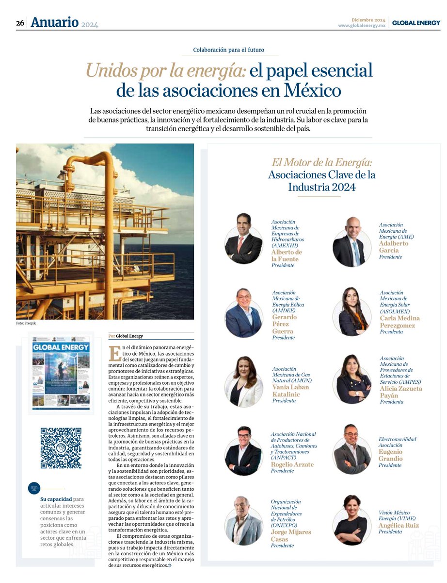¡Orgullo en acción! 🎉 Adalberto García, Presidente de la Asociación Mexicana de Energía, reconocido en el Anuario 2024 de Global Energy por impulsar innovación y fortalecer el sector energético en México. 🌍⚡ #LiderazgoEnergético #GlobalEnergy2024