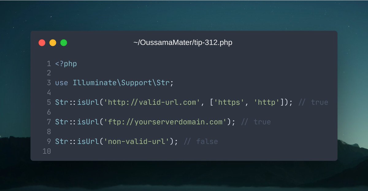 OussamaMater's tweet photo. Laravel Tip💡: Check If a String Is a URL

Have you ever needed to check if a given string is a valid URL? While you could do this manually, Laravel ships with the "isUrl" method to do exactly that. You can even take it a step further and check for various protocols 🚀

#laravel https://t.co/JdU2nak5u7
