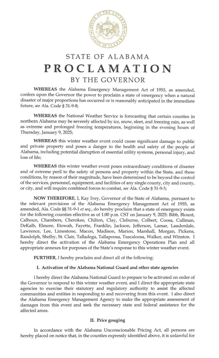 GovernorKayIvey's tweet photo. The state of emergency for 37 counties ahead of this week’s winter weather is now in effect.

I encourage Alabamians to make any needed preparations today. If you are in an impacted area and do not have to be on the road, try to avoid it. Stay weather aware. #alpolitics https://t.co/nMPqnFtHvD